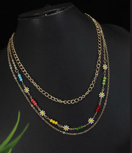 Gold Plated Multi Layered Colourful Beads Flower Necklace -MLNK 4801