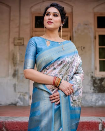 Elegant Floral Banarasi Silk Saree in Sky Blue and Blush Pink with Zari Weave and Tassels-Regular
