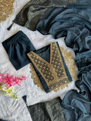 Latest Function Wear Teal Blue Color Cotton Embroidery n Sequence Work Designer Straight Kurta With Trouser n Dupatta Set-M