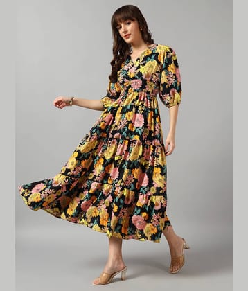 Femvy Women Crepe Printed Fit & Flare Dress ( Yellow )