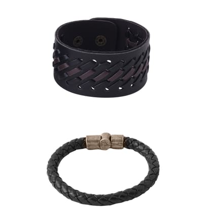 NVR Men's Set of 2 Black leather bracelet-Onesize / Black / Leather