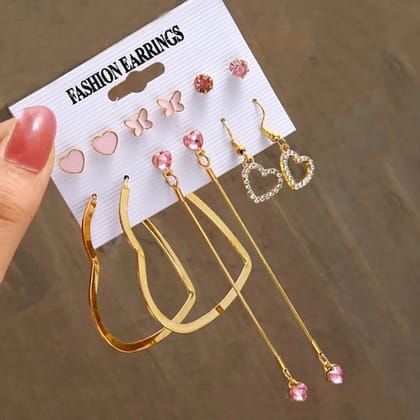 Pack of 6 Heart-Inspired Pink & Gold Earrings Combo
