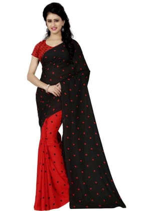 Printed Faux Georgette Red Black Color Saree