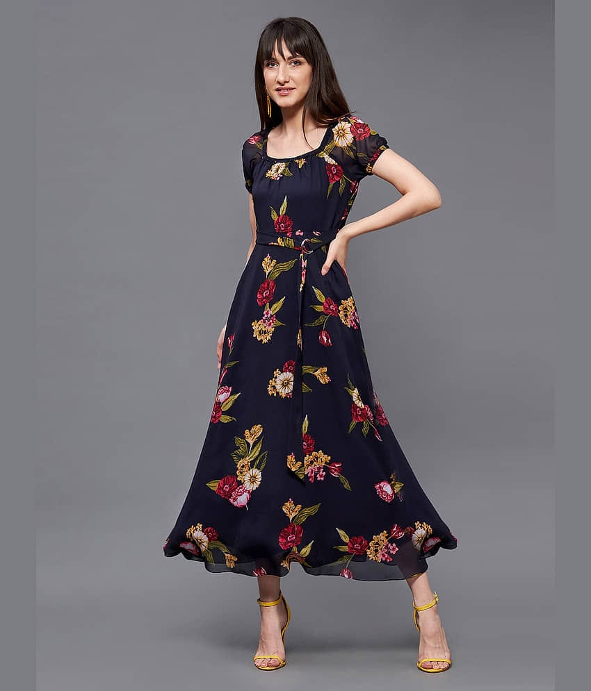 Miss Chase Women Georgette Printed Fit & Flare Dress ( Navy )