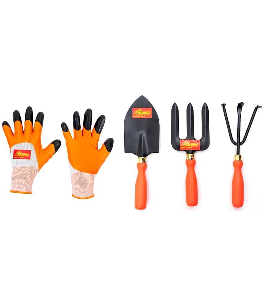 GLOBUS 1288 Steel Garden Tools, Set of 3(Big Trowel, Weeder Fork and Cultivator with Orange Colour Handle)