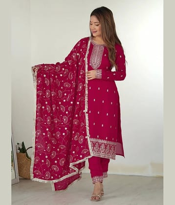 Trijal Fab Georgette Embellished Kurti With Pants Women's Stitched Salwar Suit - Pink ( Pack of 1 )