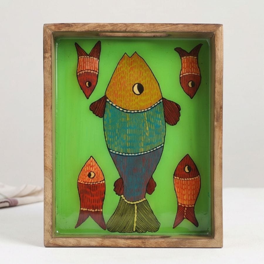 Handcrafted Wooden Fish Motif Hand-Painted Serving Tray