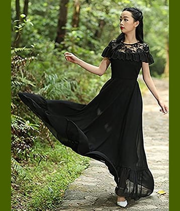 Raabta Fashion Women Georgette Printed Fit & Flare Dress ( Black )