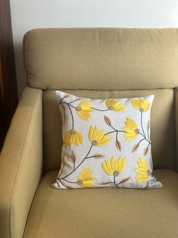 KRI India Bloom Sunflowers Cushion Cover | 16x16 inches | Beige & Yellow | Wash & Care | 100% Cotton | Handcrafted in India. 100% organic & natural.