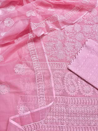 Embroidered Kota Doria Suit Pink (Top+Dupatta+Bottom)