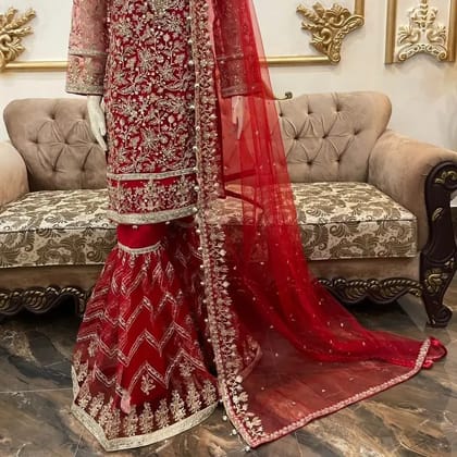 NEW ARRIVAL New Pure Net Embroidery With Stones And Pearls Work Shirt Along W   (  Colour :  Red    )