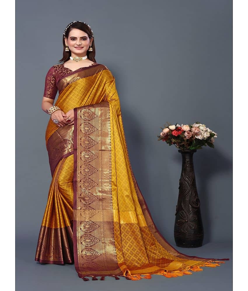 Aika Cotton Silk Embellished Saree With Unstitched Blouse Piece ( Yellow )