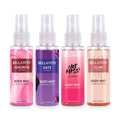 Bella Vita Luxury Body Mist Travel Size Gift Set for Woman with Date, Senorita, Glam & Hot Mess Refreshing Floral, Fruity|Long Lasting Fragrance, 50ml Each Bella Vita Luxury Body Mist Travel Size Gift Set for Woman with Date, Senorita, Glam & Hot Mess Re