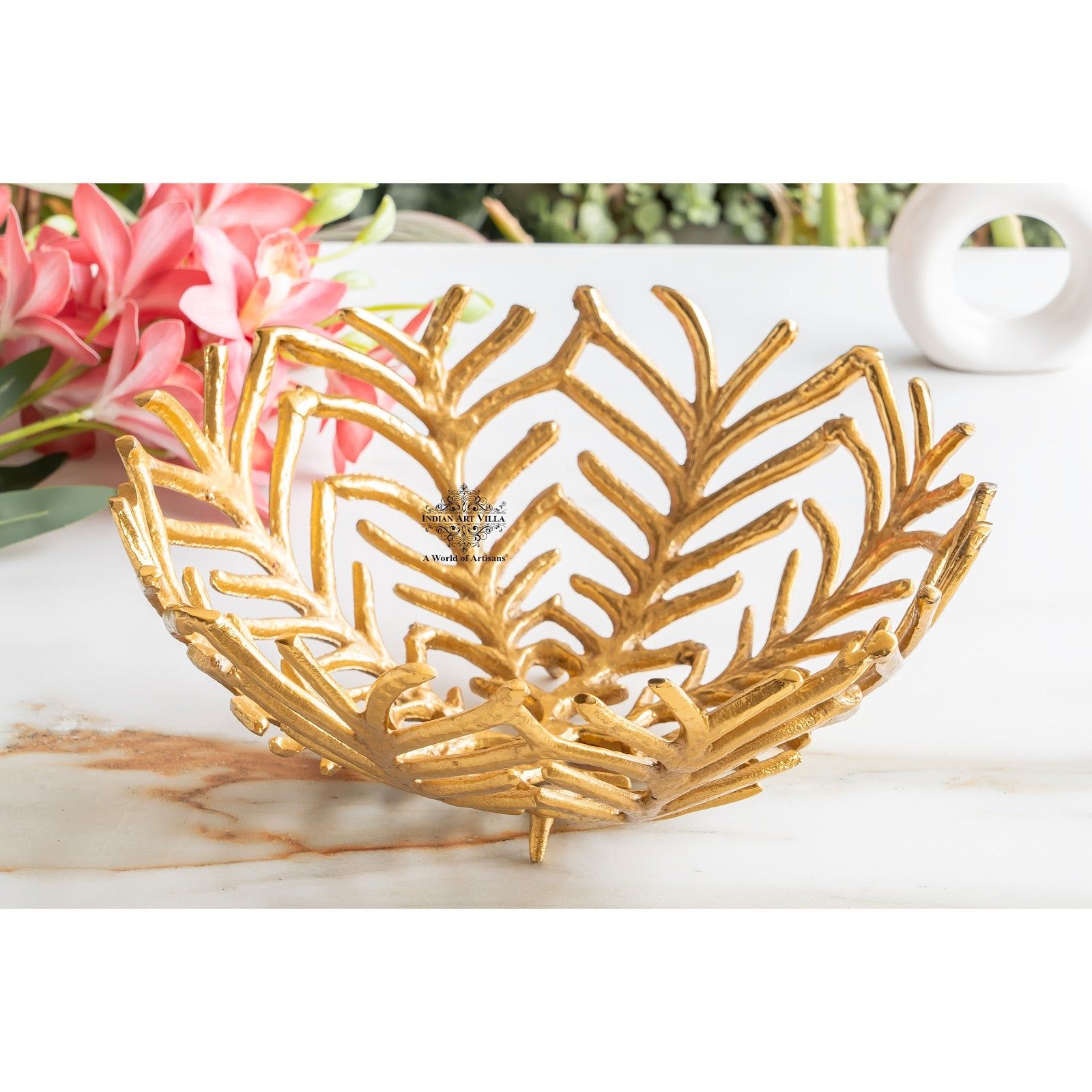 Brass Finish Decorative Cutting Basket – 12.6 Inches, Luxury Home Decor Bowl, Ideal for Fruits, Snacks, Festive Gifting-32CM