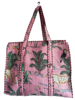 Stylish Quilted Cotton Tote Bag with Tropical Patterns