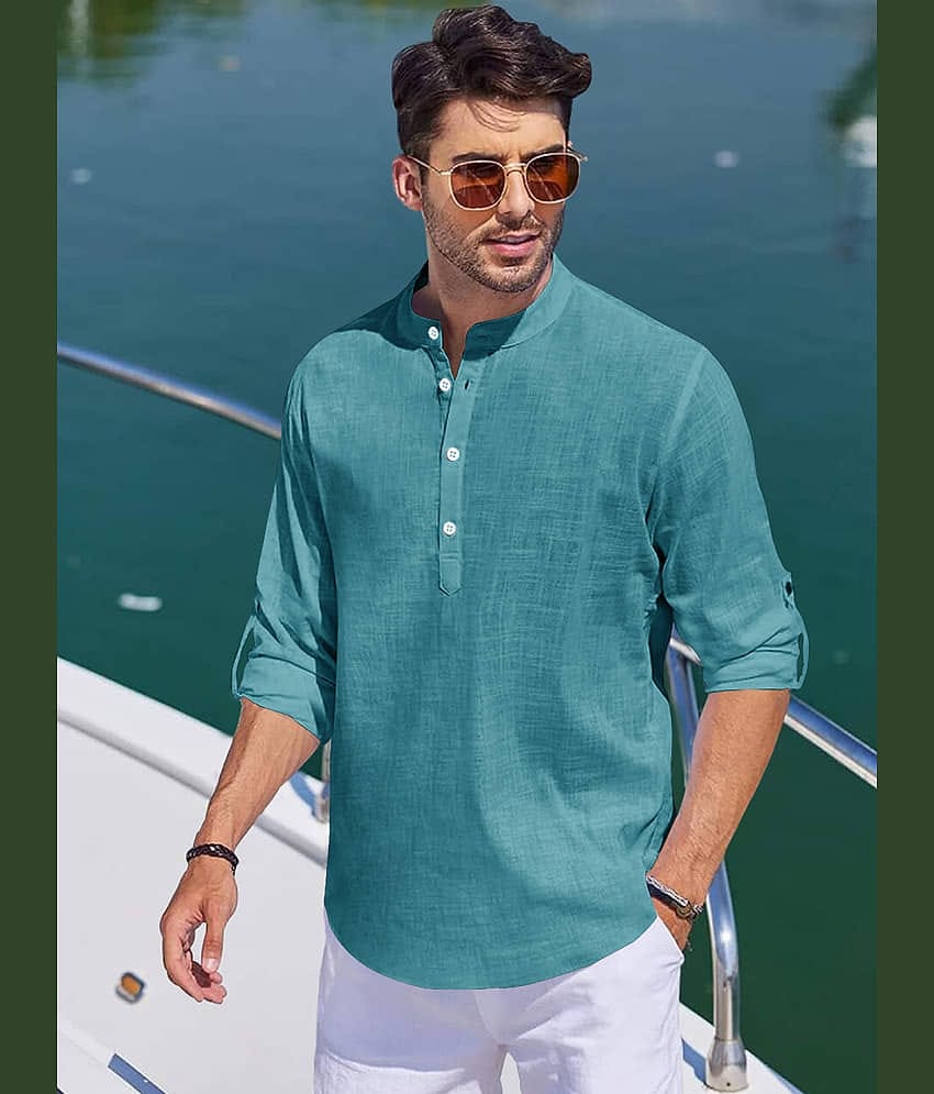 Eyebogler Linen Regular Fit Solids Rollup Sleeves Men's Casual Shirt - Blue ( Pack of 1 )