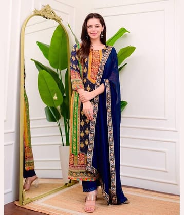 Mahek Fashion Chanderi Printed Kurti With Pants Women's Stitched Salwar Suit - Navy Blue ( Pack of 1 )