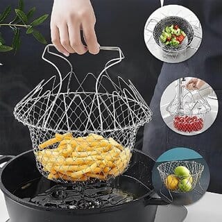 Foldable Food Deep Frying Basket for Kitchen Multifunctional Cooking Steam Rinse Deep Frying Stainless Steel Basket Strainer Net Fried Filter Drainage Rack for Fried Food or Fruits (Pack Of 1)
