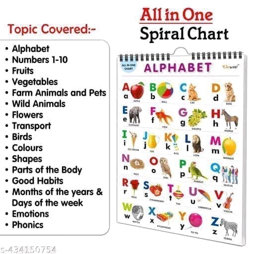 16 in 1 All in One Chart for Kids, Alphabet, Numbers, Colors, Shapes, Fruits, Vegetables, Animals, and More