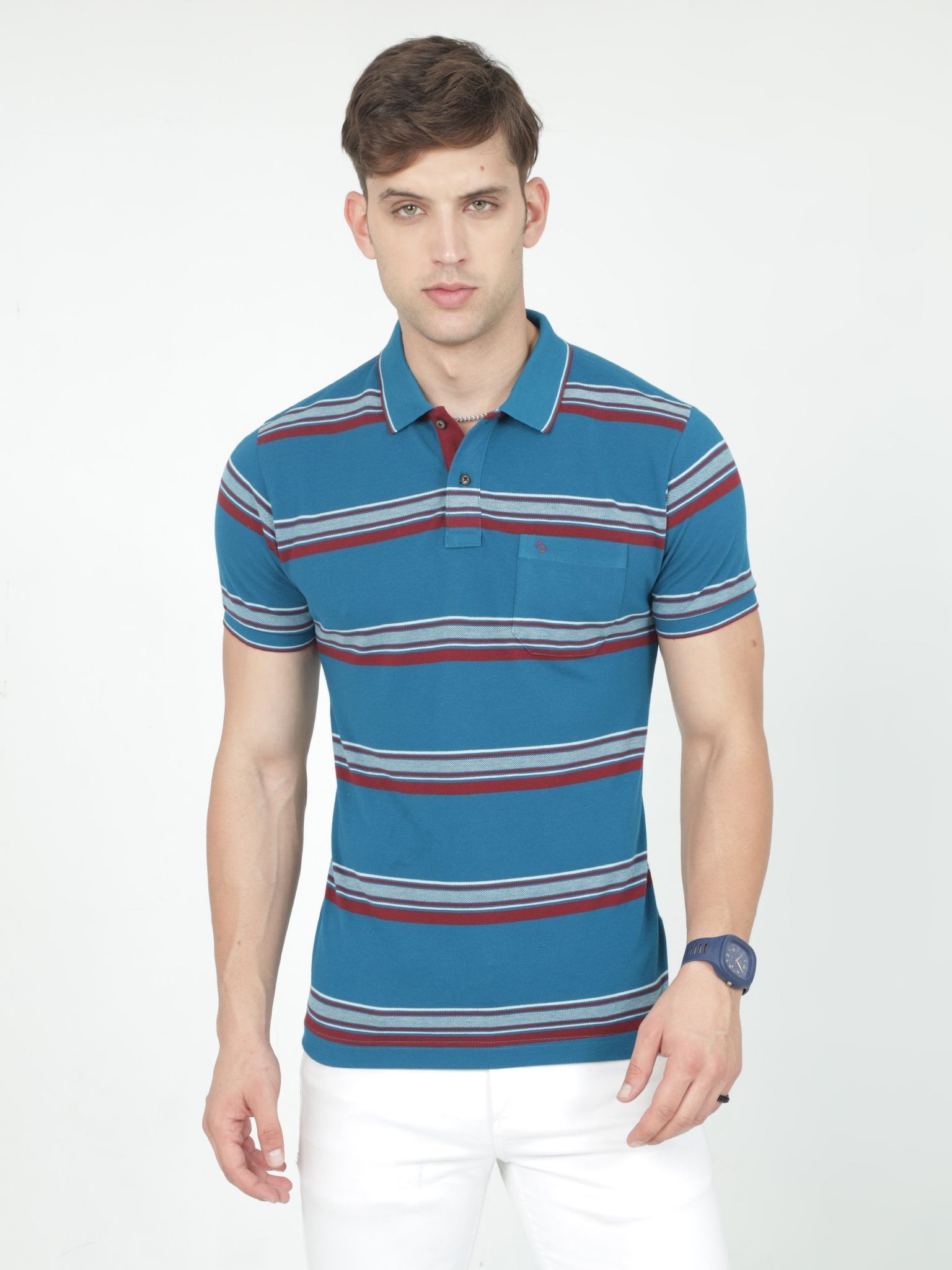 Classic Polo Mens Casual Blue Striped Cotton T-Shirt | F-ADORE - 104 A SF P