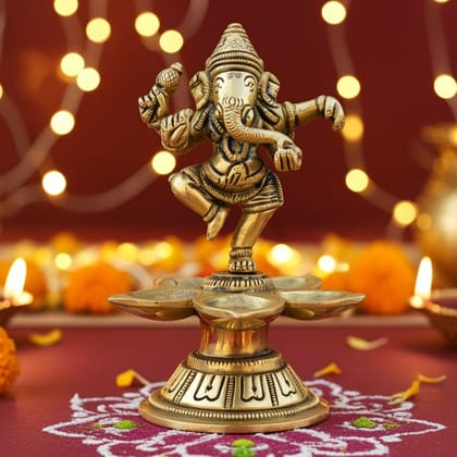 Brass Dancing Ganesha Oil Lamp Deepak  - Auspicious Deepak for Temple & Home, Height : 6 Inch (BSMAS1169 A)