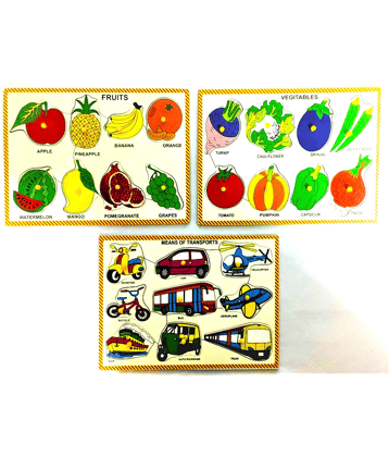 Wooden Multi-Color SET OF VEGETABLE, FRUITS & TRANSPORT MODE PUZZLE Board for Kids ( COMBO OF 3 BOARDS) For Pre Primary Education