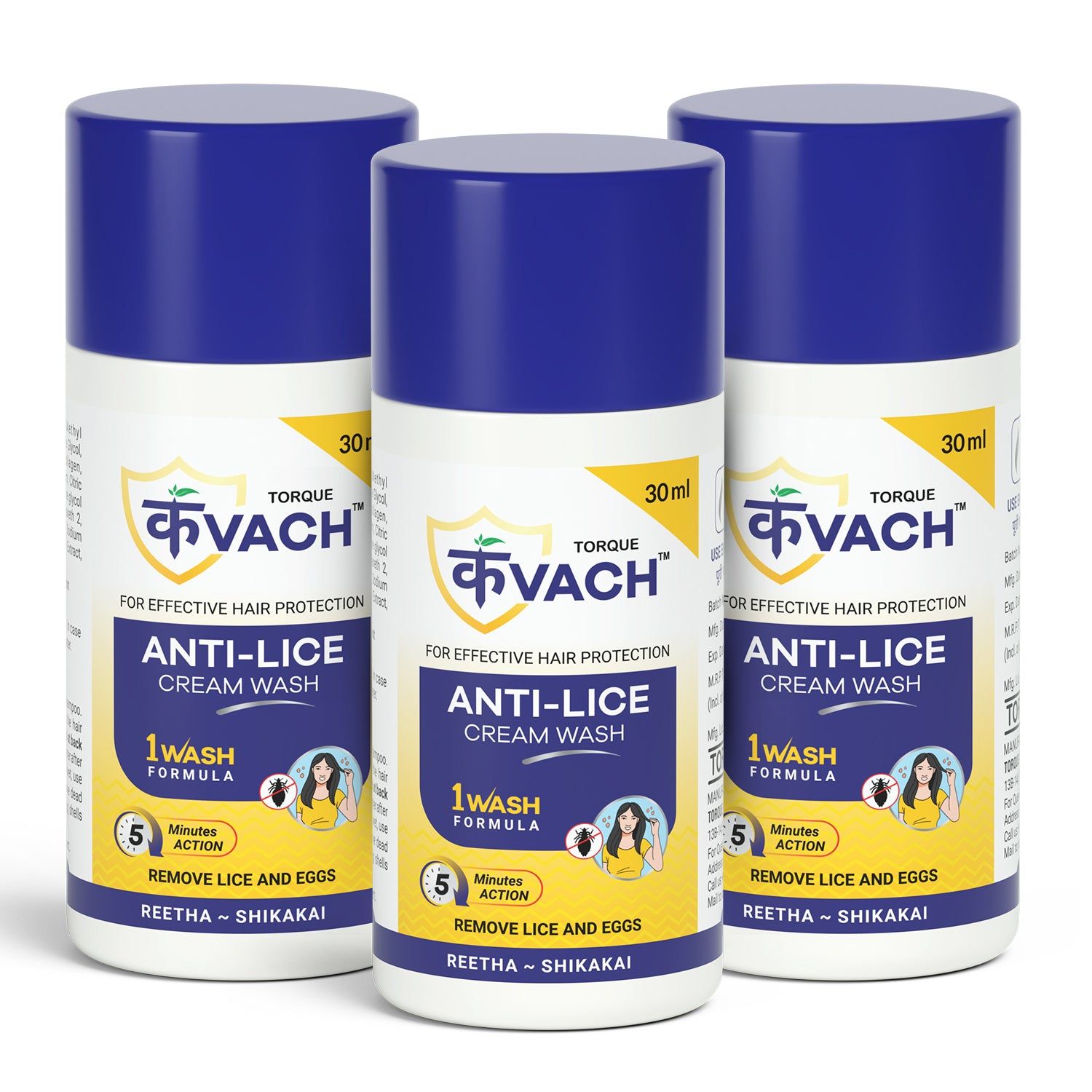 Torque kvach Anti Lice Cream Wash | Removes Lice and Nits |Made with Reetha & Shikakai 30 ml-Pack of 3