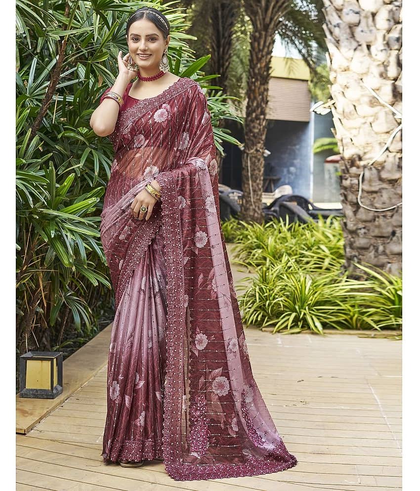 Satrani Lycra Embellished Saree With Unstitched Blouse Piece ( Blue )