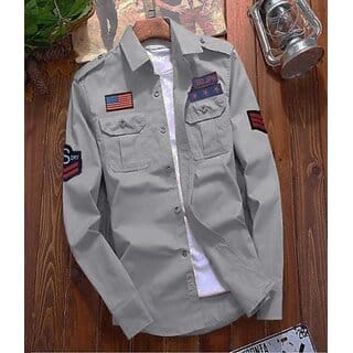 Fashlook Printed Curved Collar Regular Fit Cotton Blend Casual Grey Shirt For Mens