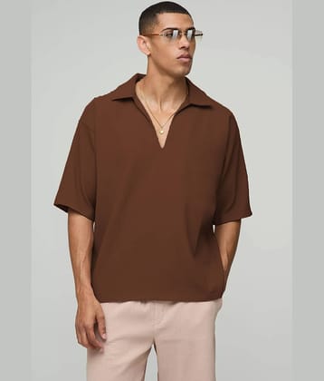 wanquila Men Cotton Blend Oversized Fit Popcorn Textured Polo T Shirt ( Brown )