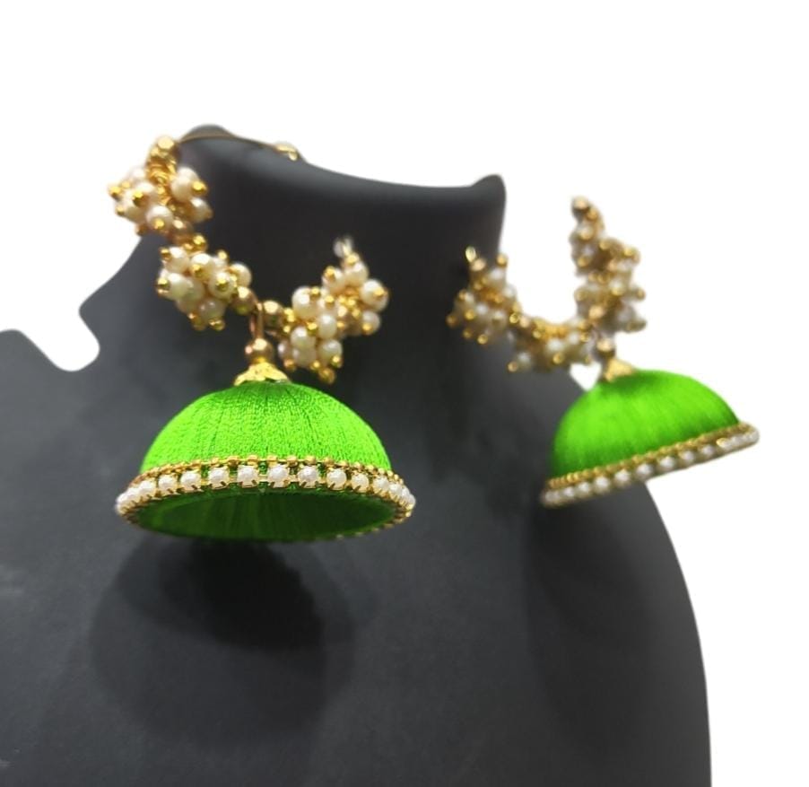Green Jhumka Earrings with Pearl Beads