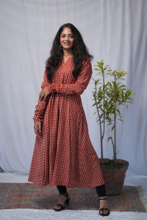 Rivaaj Ethnic Trisha Bagru Kali Kurta (M) | Red Cotton A-Line Fit | Festive Ethnic Wear | Chudi Sleeves