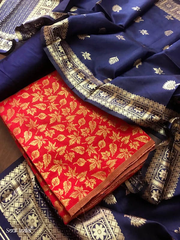 Brocade Suit Fabric With Banarasi Work Stole : Red