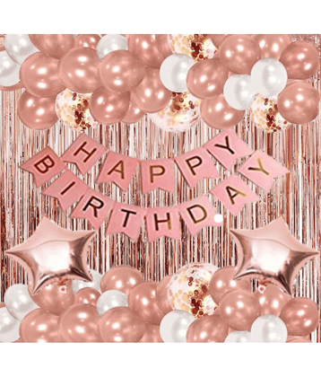 Jolly Party  rose gold pink white Happy Birthday Decoration Combo Kit with Banner, Balloons, Foil Curtain, star foil 48 pcs for Birthday Decoration