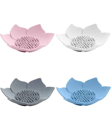 BLUE HOME AND KITCHEN Lotus Shape Silicon Soap Dish Self Draining (Pack of 4)
