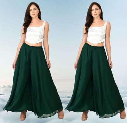 Generic Women's Georgette Solid High-Rise Wide Leg Flared Palazzo Pants with Elastic Waist, Ankle Length Trousers for Daily, Office and Casual Wear (Bottle Green, S, Pack of 2, Design 67542)