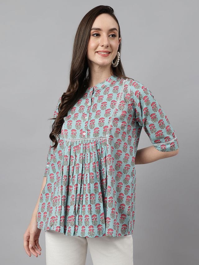 Womens Aqua Blue Cotton Block Print A-Line Top