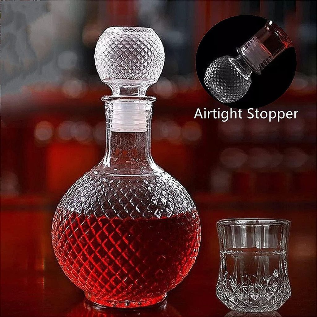 Clear Glass European Style Round Decanter with Lid for Whisky, Wine, Beer, Scotch, Vodka, Bourbon, Liquor | Water and Juice Jug Pitcher Bottle (Big) (1000 ml)