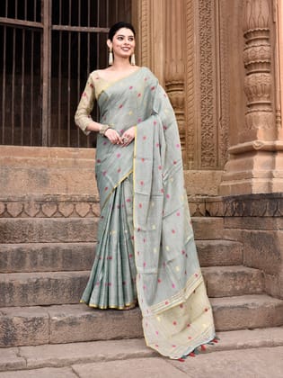Dusty Green Pure Linen Tissue Multicolor Polka Dots Weaving Saree