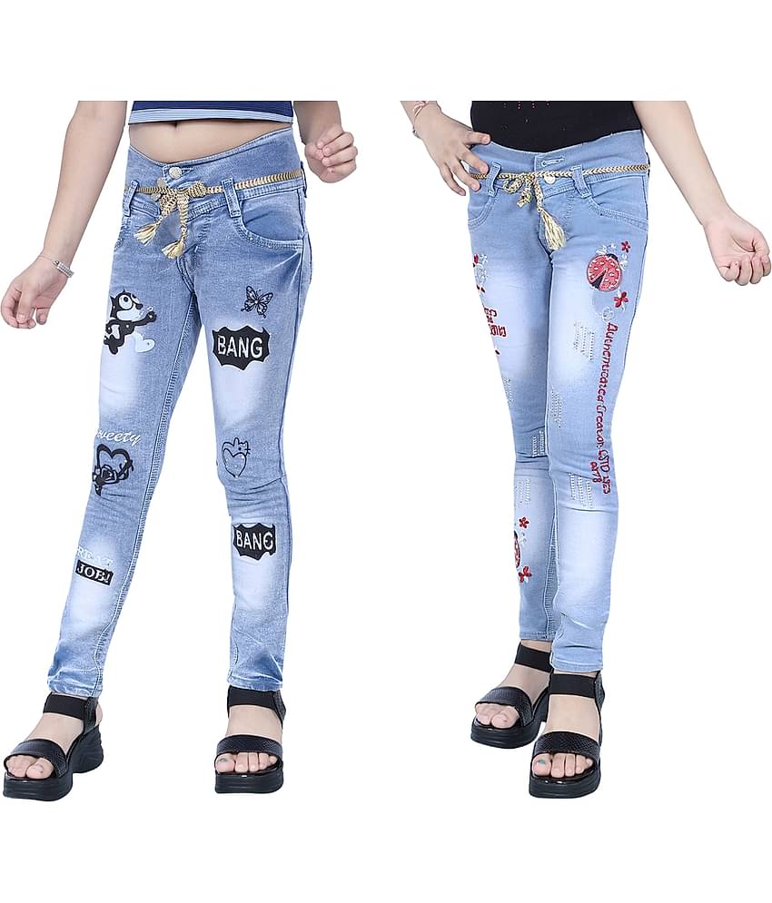 KUNDAN Girl's Sky Blue Slim Fit Jeans ( Pack of 2 )
