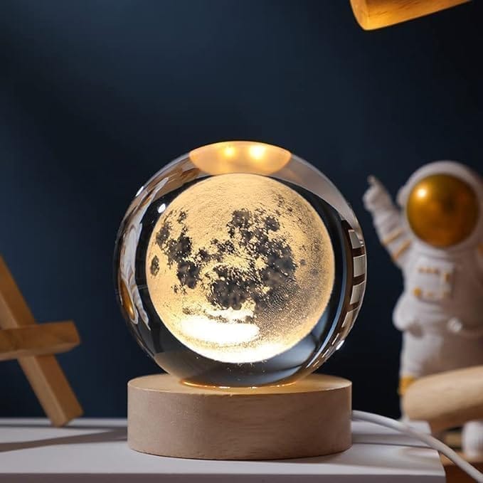 3D Moon Crystal Ball LED Night Lamp with Wooden Base - Home Decor Gift