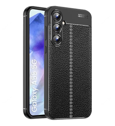 Vegan Leather Rugged Flexible TPU Series Shockproof Armor Back Cover for Samsung Galaxy A55 5G, 6.6 inch, Black