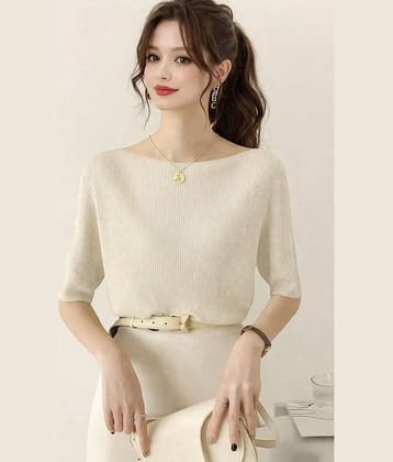Traquila Women Cotton Blend Slim Fit Boat Neck T-Shirt ( Cream )
