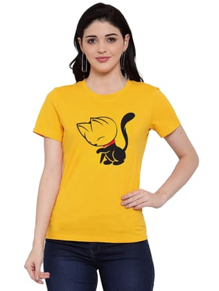 Women's Cotton Blend Cat Printed T-Shirt M (Yellow)