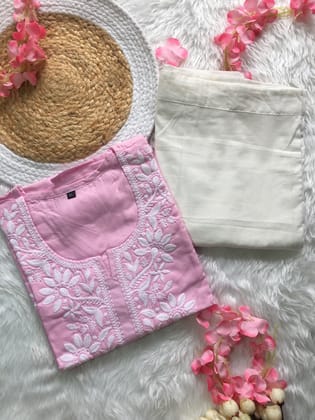 Baby Pink -  Sunflower Design - Embroidery Kurti with Pant - Soft Rayon-42 - XL