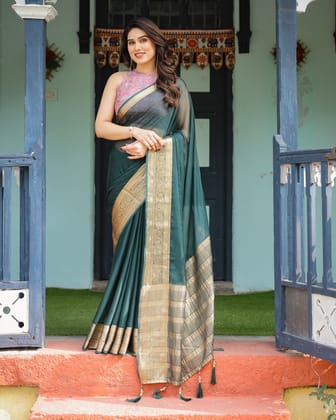 Enchanting Forest Green Plain Chiffon Saree with Gold Zari Border, Floral Printed Blouse & Tassel Details-Regular