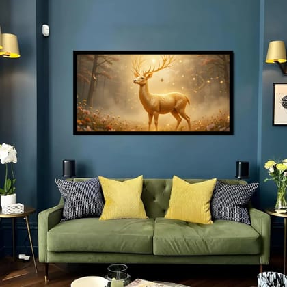 Luminary Golden Majesty Deer – Mystical Stag in Morning Mist Museum-Quality Cotton Canvas Art for Elegant Living Room Décor | Frame Size (127 X 69 Cm) | Frame Type (Black) | 5-Year Warranty
