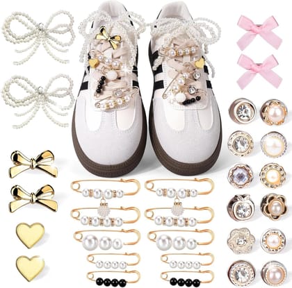 Questsole 30 PCS Shoe Charms for Sneakers - Stylish Shoe Lace Charms with Bows, Clips, Pins & Jewelry