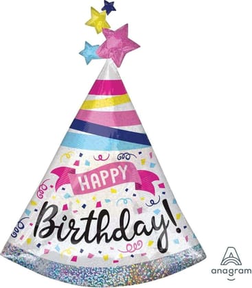 Giant Prismatic Happy Birthday Hat Shaped Balloon - Helium Quality - 36 inches - 1PC