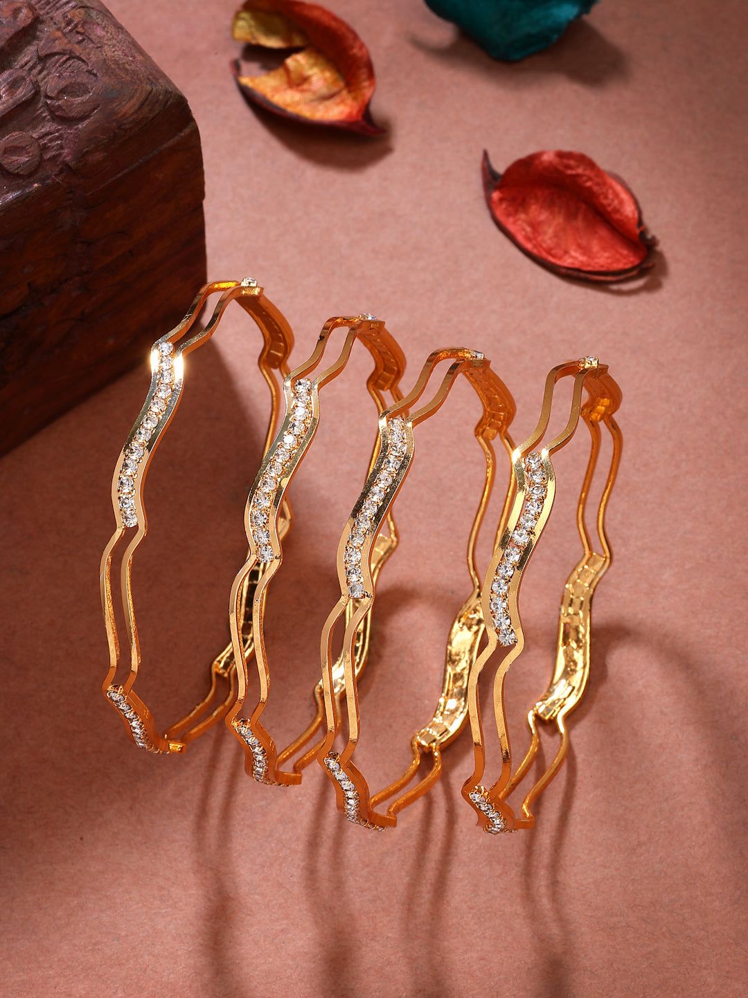 NVR Women's Set of 4 Gold-Plated Cubic Zirconia Stone Studded Bangles-2.4 / Gold / Alloy